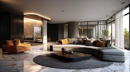 Luxurious modern living room interior with marble floors and plush seating