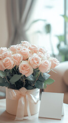 Luxurious pink rose bouquet in round gift box with satin ribbon and blank card