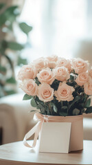 Luxurious pink rose bouquet in round gift box with satin ribbon and blank card