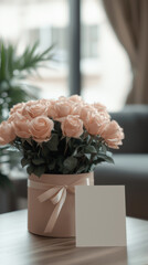Luxurious pink rose bouquet in round gift box with satin ribbon and blank card