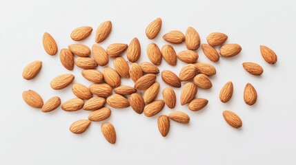 A close-up shot of a pile of shelled almonds, capturing their natural texture and inviting golden hue. white background