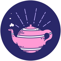 icon of a tattoo style steaming teapot in bright neon color
