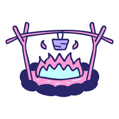 hand drawn cartoon doodle of a camp site in bright neon color