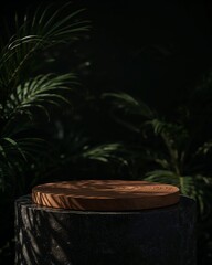 Luxury Wooden Display Platform on Dark Stone Base with Tropical Background