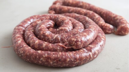 A coiled, uncooked sausage, showcasing its marbled texture and rich coloring, ready for grilling or pan-frying.