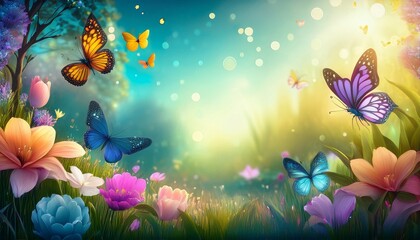 abstract nature spring background with spring flowers and butterflies