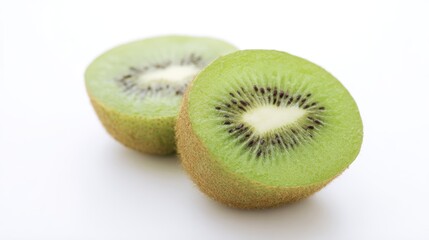 Fototapeta premium Two halves of a fresh kiwi fruit, revealing their vibrant green flesh and tiny black seeds, lie on a surface. white background