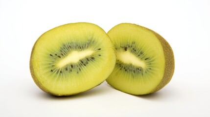 Fototapeta premium A refreshing and inviting close-up shot showcasing a perfectly sliced kiwi fruit, bursting with vibrant hues and textures, offering a visual feast of healthy indulgence. white background