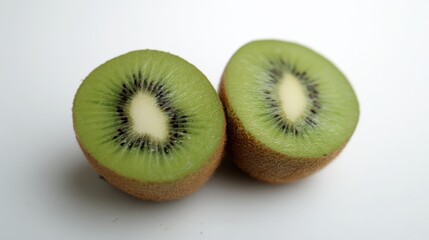 The kiwi sliced open showcases its vibrant green flesh and small black seeds. This image captures the kiwi's delicious, juicy, and healthy nature. white background