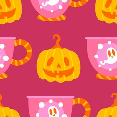 Autumn harvest vegetable seamless monster Halloween pumpkins pattern for wrapping paper and fabrics 