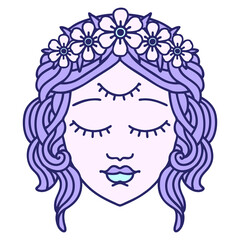 tattoo in traditional style of female face with third eye in bright neon color