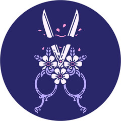 iconic tattoo style image of barber scissors and flowers in bright neon color