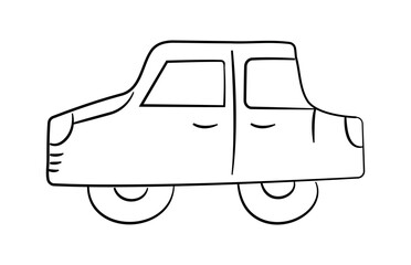 Hand drawn kids Car. Children pencil Drawing of Transport, side view. Linear sedan with simple details. Vehicle, ride, Wheels. Isolated Toy car. Monochrome outline. Minimalism. Vector illustration
