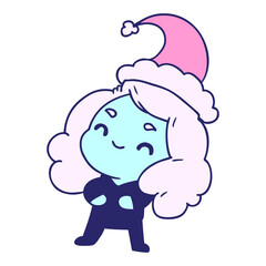 hand drawn christmas cartoon of kawaii girl in bright neon color