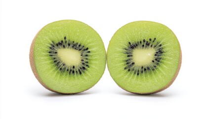 Fototapeta premium Fresh kiwi slices showcasing the vibrant green flesh and intricate patterns of the fruit's interior. Perfect for healthy lifestyle, fresh and delicious taste. white background