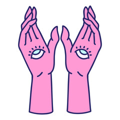 tattoo in traditional style of mystic hands in bright neon color