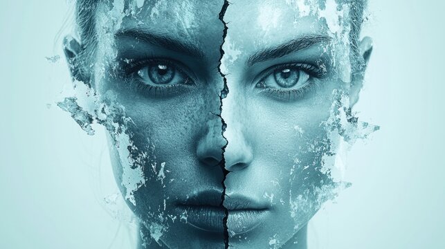 split portrayal of woman's face shows one half digitally flawless while other reveals cracks and deterioration, reflecting impact of social media on self esteem and identity