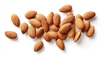 A scattering of almonds, each with intricate textures, is captured in sharp detail, offering a rich, nutty appeal. white background