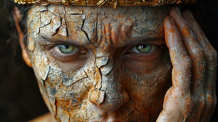 regal man stares intensely mix of sorrow and defiance, gripping shattered theatrical mask