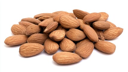 A close-up, macro shot of shelled almonds, showcasing their rich texture and appealing form. Ideal for culinary, dietary, or health-related projects. white background