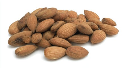A close-up shot of a pile of shelled almonds, with a focus on their organic textures and natural tones. Perfect for illustrating the benefits of the protein-rich food. white background