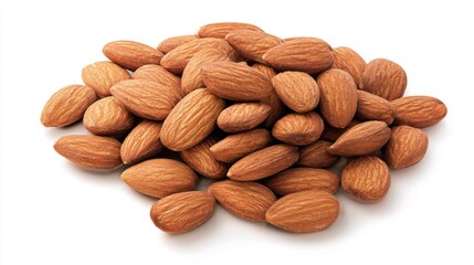 A macro shot presents a detailed cluster of raw almonds, showcasing their textured skin and the natural elegance of a staple ingredient in food, cooking, and nutrition. white background
