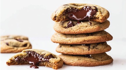 Indulge in the irresistible charm of these soft, gooey chocolate chip cookies, perfectly stacked and inviting. A close-up shot reveals their melty chocolate center. white background