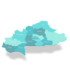 Obraz premium Burkina Faso political map of administrative divisions - regions. 3D turquoise vector map with name labels.