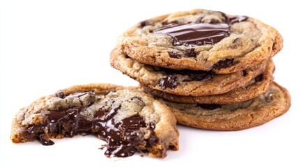 A stack of delicious chocolate chip cookies with a bite taken out of one, showcasing the gooey chocolate center.  The cookies look warm, soft, and inviting. white background