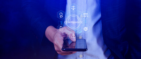 Compliance. Compliance concept with icons and text. Regulations, law, standards, requirements,...