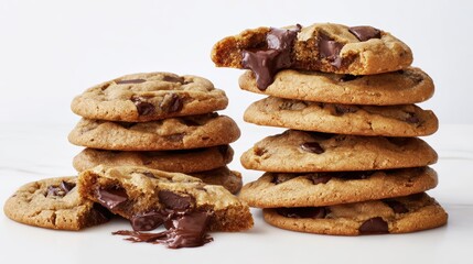 Delectable chocolate chip cookies, their golden-brown exteriors contrasting with the rich, molten chocolate centers. A close-up shot showcasing the textures of homemade treats. white background