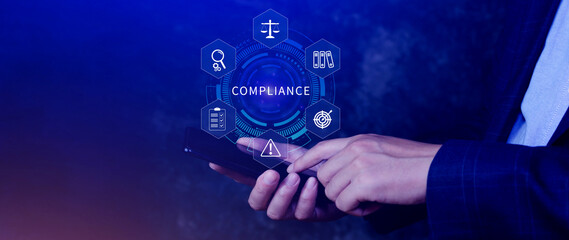 Compliance. Compliance concept with icons and text. Regulations, law, standards, requirements,...