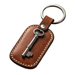 Vintage skeleton key attached to a leather keychain with metal ring isolated on transparent background