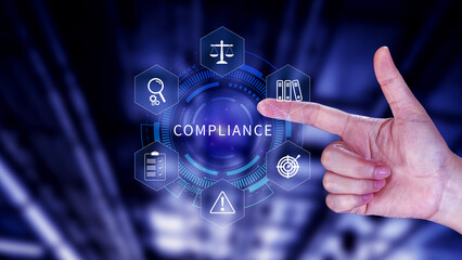 Compliance. Compliance concept with icons and text. Regulations, law, standards, requirements,...