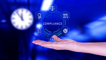 Compliance. Compliance concept with icons and text. Regulations, law, standards, requirements,...