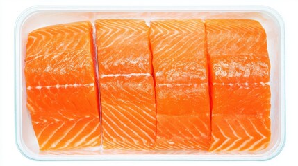 Four slices of fresh salmon fillets, vibrantly colored and neatly arranged in a plastic tray, showcase their readiness for a nutritious and delicious meal. white background