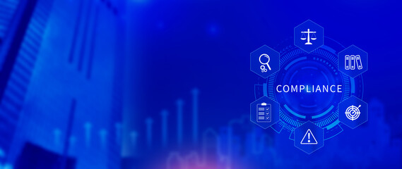 Compliance. Compliance concept with icons and text. Regulations, law, standards, requirements,...