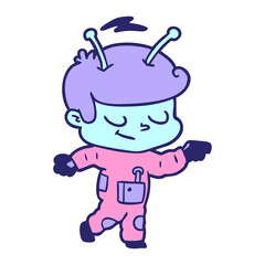 friendly cartoon spaceman pointing in bright neon color