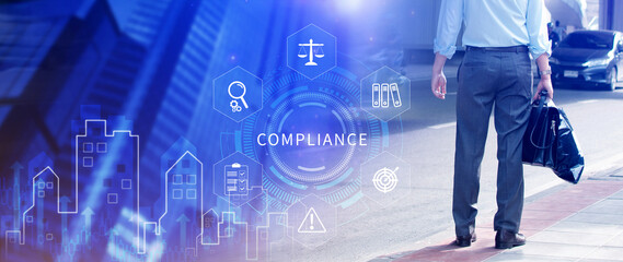 Compliance. Compliance concept with icons and text. Regulations, law, standards, requirements,...