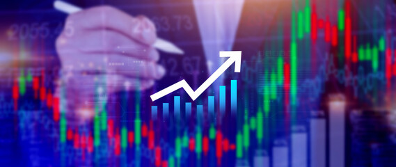 Global business growth analysis and asset investment chart Business and Finance, Up arrow economic chart, global economic trend analysis, Financial graph analysis on virtual screen.