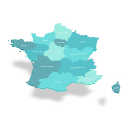 Obraz premium France political map of administrative divisions - regions. 3D turquoise vector map with name labels.