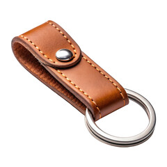 Classic brown leather key fob with silver metal ring and snap fastener isolated on transparent background