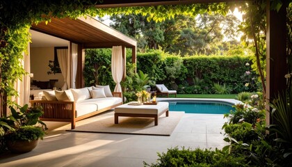 Luxurious outdoor patio with pool