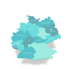 Germany political map of administrative divisions - federal states. 3D turquoise vector map with name labels.