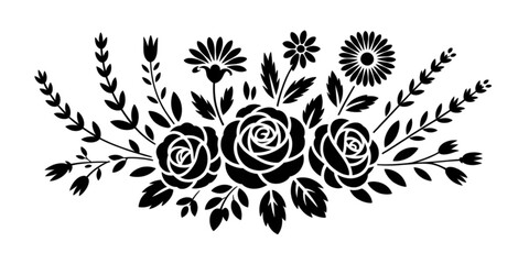 Black and White Flowers Stencil Vector Design – Ornamental Bloom, Leaf, and Branch Composition, Vintage Garden Illustration, Isolated Tattoo Element, Floral Clipart for Craft or Decor