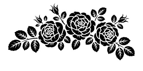 Black and White Flowers Stencil Vector Design – Silhouette Floral Illustration with Blooming Rose, Leaf, Lotus, Decorative Ornamental Pattern for Tattoo, Wedding, Vintage Decor, Garden Art