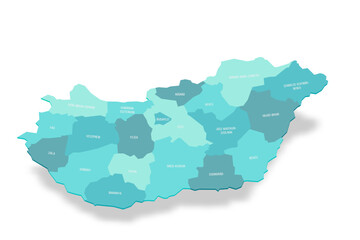 Hungary political map of administrative divisions - counties and autonomous city of Budapest. 3D turquoise vector map with name labels.