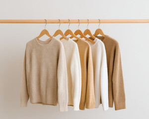 Studio flatlay of minimal clothing hanging on wooden rack, beige tones, clean background, soft light, capsule wardrobe concept