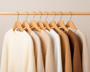 Studio flatlay of minimal clothing hanging on wooden rack, beige tones, clean background, soft light, capsule wardrobe concept