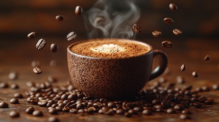 high end composition features stylish cup of coffee suspended midair, surrounded floating coffee beans and rising steam artistic display evokes sense of elegance and creativity